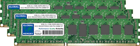3GB (3 x 1GB) DDR3 800MHz PC3-6400 240-PIN ECC REGISTERED DIMM (RDIMM) MEMORY RAM KIT FOR SERVERS/WORKSTATIONS/MOTHERBOARDS (3 RANK KIT NON-CHIPKILL)